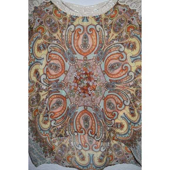 One World Sleeveless Top Large Crochet Shoulders High-Low Hem Sheer Boho Hippie - Picture 9 of 16